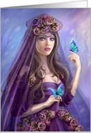 Beautiful woman fairy and blue butterflies. Fantasy illustration card