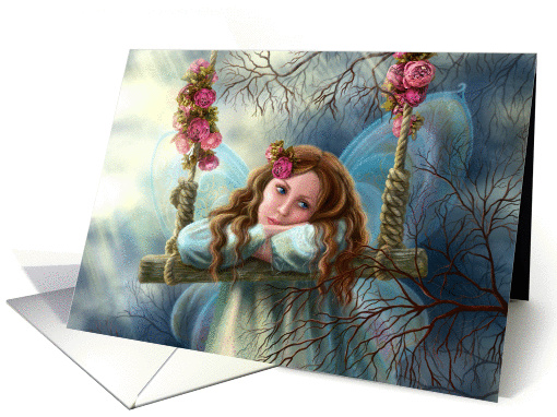 Beautiful young fairy butterfly on swing. card (1433608)