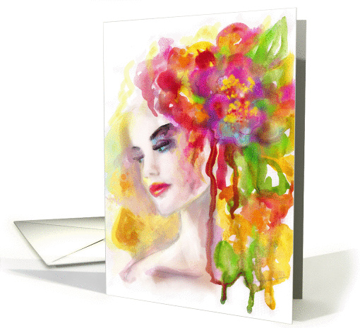 Spring woman. Abstract portrait , hand painted . Blank Note card