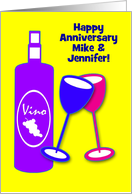 Wedding Anniversary Custom Name Wine Bottle and Glasses card