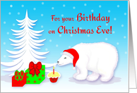 Christmas Eve Birthday Polar Bear With Santa Hat and Cupcake card