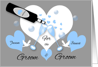 Gay Wedding Custom Name Champagne, Hearts, Bubbles, Doves card