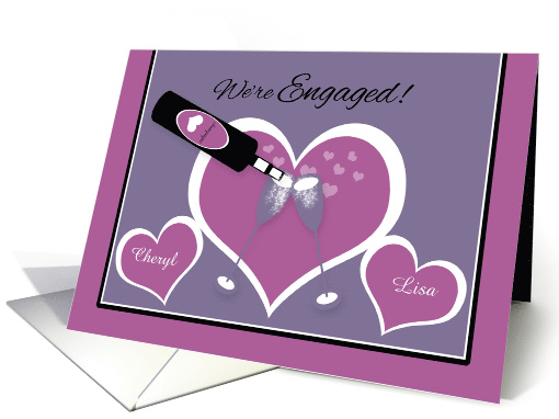 Announcement Engagement Lesbian Champagne Toast and Hearts card