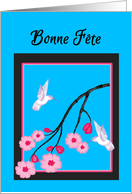 Bonne Fete Name Day White Hummingbirds on Cherry Blossom Branch card