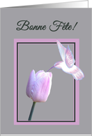Name Day French Bonne Fete White Hummingbird on Tulip card