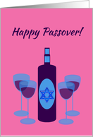 Passover Wine Bottle and Four Glasses on Pink card