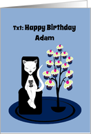 Custom Name Birthday Humor Funny Texting Cat with Cupcake Tree card