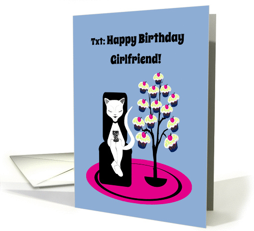 Lesbian Birthday Humor Funny Texting Cat with Cupcake Tree card