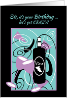 Sister Birthday Humor Wine Bottle and Glasses on Abstract Painting card