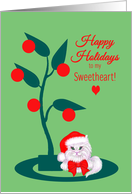 Christmas for Girlfriend White Cat in Santa Hat card