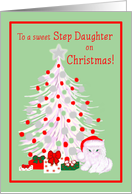 Step Daughter Christmas White Cat in Santa Hat with Tree card