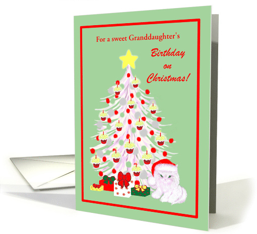 Custom Granddaughter Birthday on Christmas White Cat in Santa Hat card