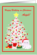 Custom Name Birthday on Christmas White Cat in Santa Hat card