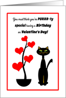 Valentine’s Day Birthday Cat with Red Heart Tree card