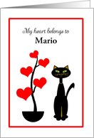 Custom Name Valentine’s Day Cat with Red Heart Tree card
