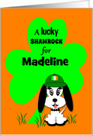 Custom Name St.Patrick’s Day Puppy with Shamrock card
