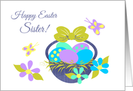 Sister Easter Basket w Colored eggs, Flowers and Butterflies card