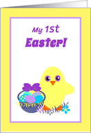 First Easter for Baby Chick, Basket, Colored Eggs, Flowers card