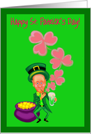 Happy St.Patrick’s Day Leprechaun with Pipe Blowing Shamrocks card