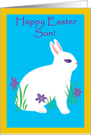 Son Easter Fluffy White Bunny with Purple Flowers card