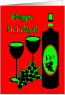 Christmasl Happy Holiday Wine Bottle Glasses and Grapes Card