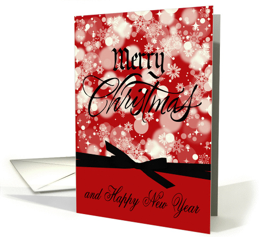 Christmas, snowflakes, stars, ornaments, bells on red with a bow card