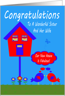 Congratulations, New Home To Sister And Wife, bird house on blue card