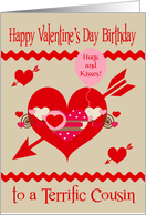 Birthday on Valentine’s Day to Cousin, red, white, pink hearts, arrows card