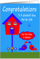Congratulations, New Home To Niece And Wife, bird house on blue card