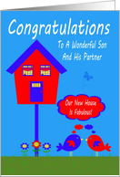 Congratulations, New Home To Son And Partner, bird house on blue card