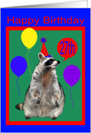 27th Birthday, Raccoon with party hat and balloons on green, red, blue card