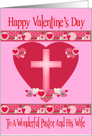 Valentine’s Day to Pastor and Wife with a Shaded Cross on Red Hearts card