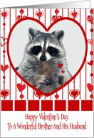 Valentine’s Day To Brother And Husband, Raccoon in red heart, white card