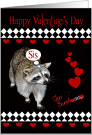 Valentine’s Day to Sister, Raccoon, red hearts on black, diamonds card