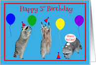 3rd Birthday, Raccoons with party hats and colorful balloons on blue card