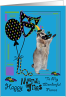 Mardi Gras To Fiance, Raccoon holding a mask wearing a jester hat card