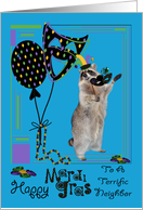 Mardi Gras To Neighbor, Raccoon holding a mask wearing a jester hat card