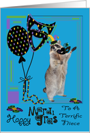 Mardi Gras To Niece, Raccoon holding a mask wearing a jester hat card