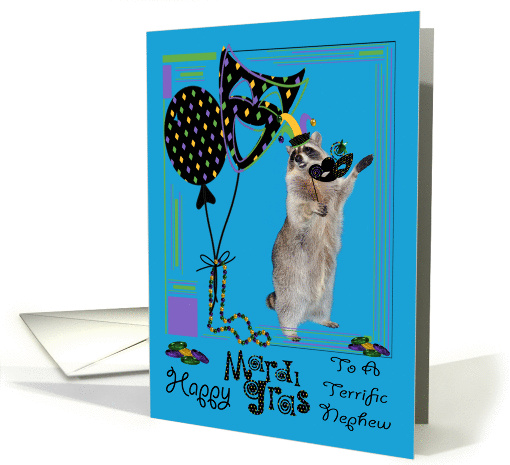 Mardi Gras To Nephew, Raccoon holding a mask wearing a jester hat card