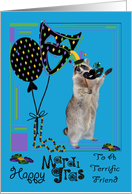 Mardi Gras To Friend, Raccoon holding a mask wearing jester hat, blue card