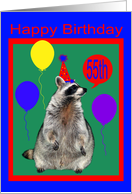 55th Birthday, Raccoon with party hat and balloons on green, red, blue card