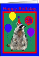 69th Birthday, Raccoon with party hat and balloons on green, red, blue card
