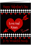 Valentine’s Day To Parents, Red hearts on black, white diamonds card