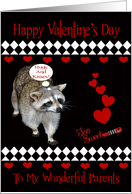 Valentine’s Day To Parents, Raccoon, red hearts on black, diamonds card