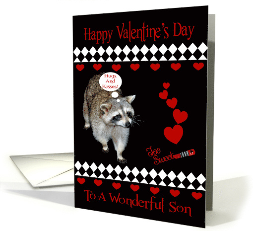 Valentine's Day to Son with a Raccoon and Red Hearts on Black card