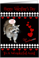 Valentine’s Day To Aunt, Raccoon, red hearts on black, white diamonds card