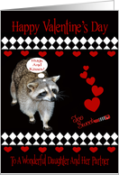 Valentine’s Day To Daughter And Partner, Raccoon, red hearts on black card