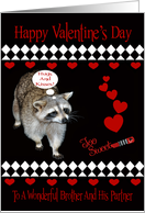 Valentine’s Day To Brother And Partner, Raccoon, red hearts on black card