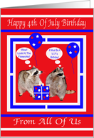 Birthday On 4th of July from all of us, Raccoons on red, white, blue card