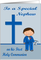 Congratulations On First Communion to Nephew with Brown Haired Boy card